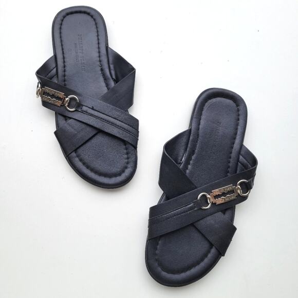 Philipp Plein Razor Blade Slide Sandals Black Faux Leather 41 9.5